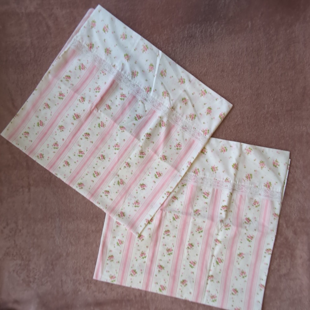 Springmaid Wondercale Pillowcase Set King Pink Floral Striped Lace Trim Vintage